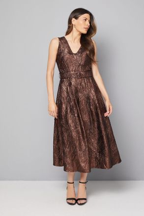 Wallis Womens Metallic Jacquard Belted Midi Dress - Chocolate - Size 12 UK