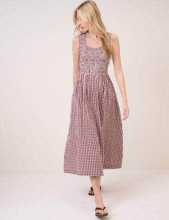 Nobody's Child Burgundy Gingham Shirred Kinsley Midi Dress
