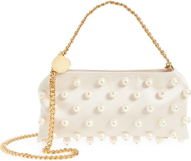 Mini Falabella Pearly Bead Embellished Satin Evening Bag in Pure White at Nordstrom