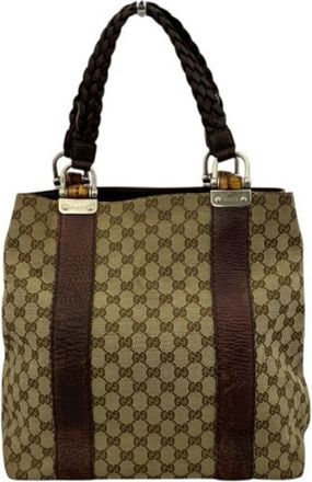 Gucci Beige Brown Canvas Leather Handbag Tote Bag (Pre-Owned)