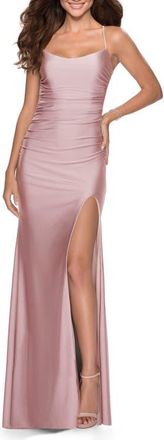 La Femme Long Prom Dress with Tie Up Back Jersey in Mauve at Nordstrom, Size 10