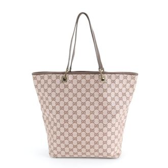 Gucci Brown Leather Canvas Handbag Tote Bag (Pre-Owned)