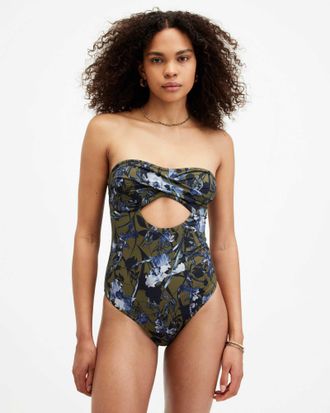 AllSaints Womens Recycled Polyamide Niki Floral Bandeau Cut-Out Swimsuit, Size: XS