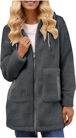 Generic Fluffy Coats for Women Long Sherpa Fleece Jacket Zip Up Hoodie Oversized Cardigan Ladies Long Coat Casual Hooded Longline Coat Winter Oversized Fluffy