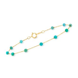 RS Pure by Ross-Simons 3-3.5mm Turquoise Bead Station Bracelet in 14kt Yellow Gold