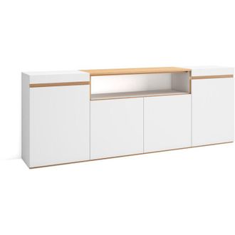 Skraut Home Skraut Home - Credenza, Mobile, Cucina, Madia, mobile ingresso, 200x35x75cm, 4 Porte, grande stoccaggio, Stile moderno, Bianco e Rovere soft