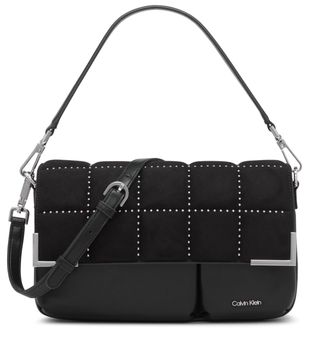 Calvin Klein Womens Mica Organizational Flap Demi Shoulder Bag & Crossbody, Black/Silver Quilted, One Size