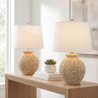 Jonathan Y Designs Nora 22 Rustic Coastal Rattan Globe LED Table Lamps, Brown at Nordstrom