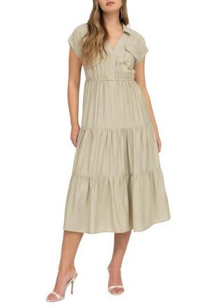 August Sky Short Sleeve Tiered Shirtdress in Light Olive at Nordstrom Rack, Size Medium