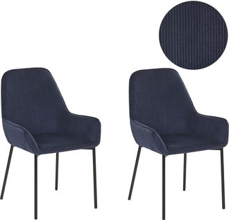 Beliani Conjunto De 2 Sillas De Comedor Tapizadas En Pana Azul Con Patas Negras Estilo Retro Glamour Loverna