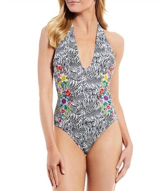 Johnny Was Spring Halter Embroidered One-Piece Swimsuit In Multi