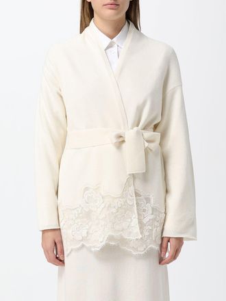 Fabiana Filippi Cardigan a vestaglia in lana e seta con inserti in pizzo