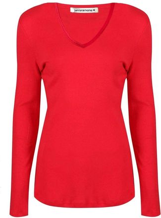 Janisramone Womens Ladies V Neck Long Sleeve T-Shirt Stretchy Plain Jersey Slim Fit Casual Basic Tee Tops Red