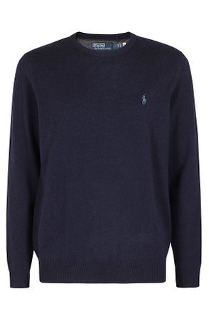 Polo Ralph Lauren Crew Neck Blue Lambswool Sweater with Embroidered Logo