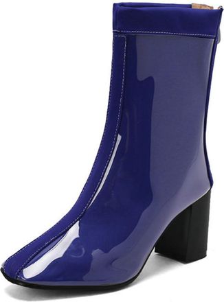Generic Womens Square Toe Patent Leather Ankle Boots Chunky Heel Casual Booties with Side Zip,Blue,1.5 UK