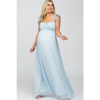 Pinkblush Floral Chiffon Sweetheart Neck Off Shoulder Maxi Dress in Light Blue at Nordstrom, Size Small
