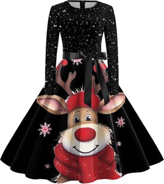 Generic Christmas Dress Womens V Neck Long Sleeve Winter Dress Elegant Perfect Party Printed Xmas Costume Swing Dresses Womens Christmas Sweatshirt Outfits Sw