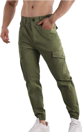 Generic Cotton Cargo Trousers for Men UK Cuffed Elastic Waist Joggers Solid Color Multi-Pocket Work Trouser Regular Fit Casual Combat Pants Fishing Climbing O