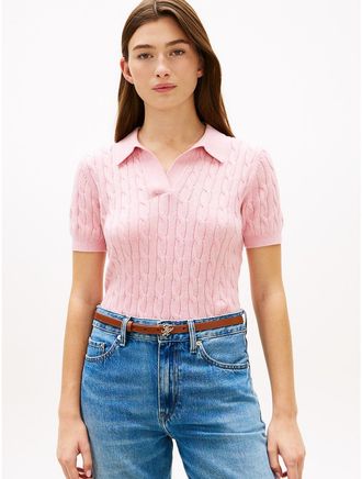 Tommy Hilfiger Womens Short-Sleeve Cable Knit Sweater Polo - Pink - XXL