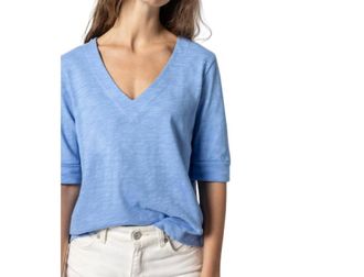 Lilla P Cuffed Elbow Sleeve V Neck Tee In Harbor