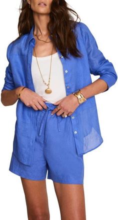 Mint Velvet Linen Sheer Panel Shirt in Blue at Nordstrom, Size X-Large