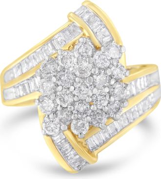 House of Brilliance 10K Yellow Gold Round and Baguette Diamond Crossover Cluster Ring