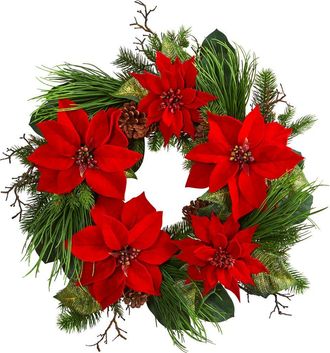 Nearly Natural 28-in Poinsettia and Pine Wreath in Red at Nordstrom