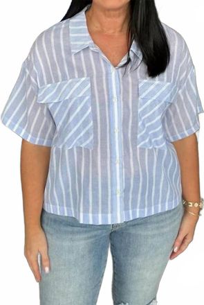 Wishlist Stripe Button Down Short Sleeve Top In Powder Blue & White