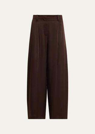 Brunello Cucinelli Fluid Silk Satin Pleated Soft Barrel-Leg Pants