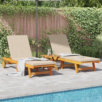 Berkfield Home Rolling Sun Loungers Set of 2 with Table & Cushion Made of Acacia Wood in Beige