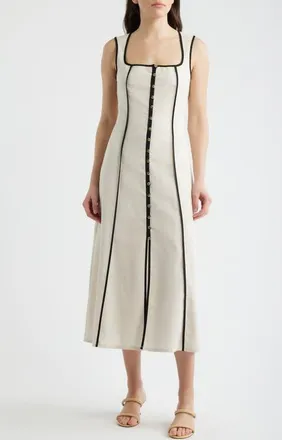 ZOE AND CLAIRE Contrast Piping Square Neck Button-Up Midi Dress in Natural at Nordstrom, Size Medium