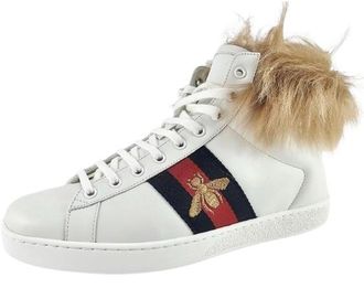 Gucci White Leather Fur Ace Sneakers Size 41.5