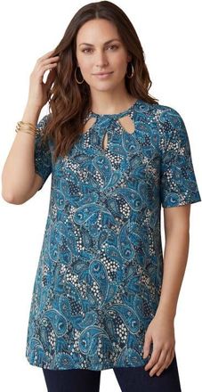 Jessica London Stretch Knit Cutout Swing Tunic in Pool Blue Garden Paisley at Nordstrom, Size 12