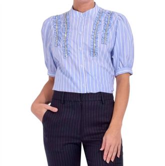 Essentiel Ifrill Rhinestone Frill Shirt In Pale Kings Blue