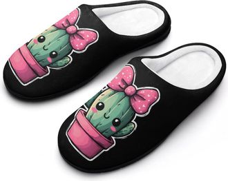 Generic Cactus Girl with Bow Slippers Men Winter Warm Cotton Anti-Slip Indoor Slip-Ons House Shoes