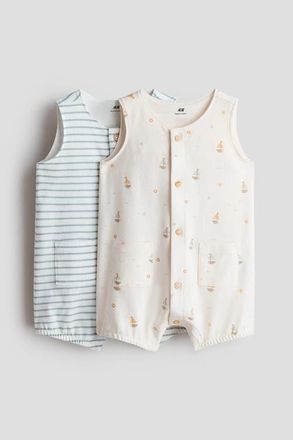 H&M 2-pack Cotton Romper Suits in Light Beige/sailboats at Nordstrom, Size Newborn