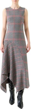 Akris Glen Plaid Asymmetric Virgin Wool Dress in Black-Cream-Vermillion at Nordstrom, Size 12