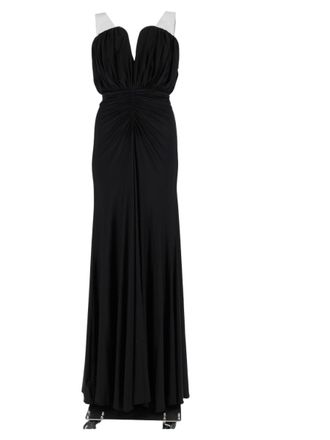Self Portrait Long Black Deep V-Neck Ruched Evening Dress