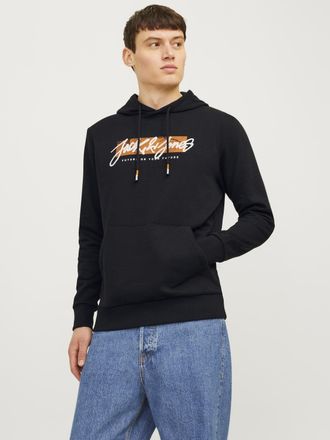 Jack & Jones Kapuzensweatshirt JACK & JONES JJTILEY SWEAT HOOD, Herren, Gr. S, schwarz, angeraute Sweatware, Obermaterial: 60% Baumwolle, 40% Polyester, bedruckt, 