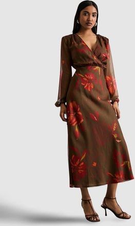 Warehouse Printed V Neck Tie Detail Midi Dress in Brown at Nordstrom, Size 2