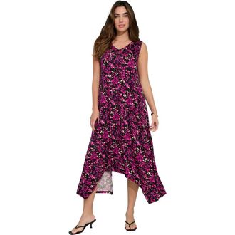 Roaman's Plus Size Stretch Knit Mid Length Sleeveless Swing Dress in Raspberry Watercolor Flowers at Nordstrom, Size 28