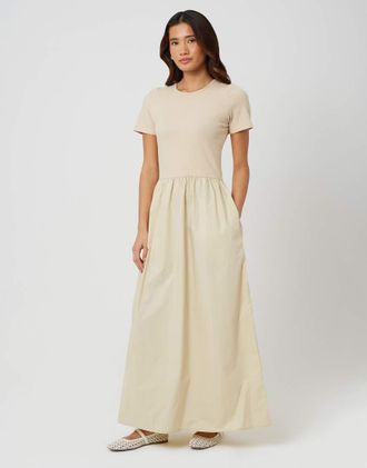 Brave Soul Vestito lungo girocollo in jersey e popeline beige-Neutro