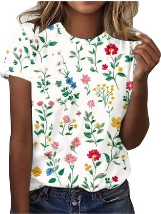 Generic Short Sleeve Tops for Women Casual Summer Tee Shirts Floral Print Elegant Crew Neck Tunic Blouses Loose Fit Long Tee Shirts