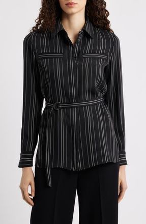 Anne Klein Pinstripe Belted Button-Up Tunic in Anne Black/White Dove at Nordstrom, Size Large