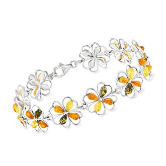 Ross-Simons Multicolored Amber 4-Leaf Clover Bracelet in Sterling Silver