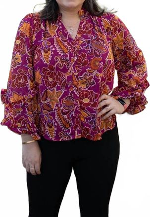 Fate Print With Lurex Chiffon Ruffle Detail Blouse In Sangria Multi