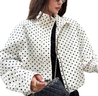 Generic Womens Black and White Polka Dot Retro Elegant Classic Lapel Short Jacket Fashion Loose Casual Zipper Drawstring Hem Outdoor Sports Jacket (White,M)