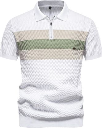Generic Mens Polo Shirts Short Sleeve Knit Textured Shirt 1/4 Zip Collared Tees Knitted Golf Tops 2025 Summer Fashion T-Shirt Camisetas Negras para Hombre(Whi