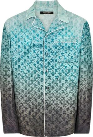 Roberto Cavalli Zijden overhemd met monogram - Heren - Casual Overhemden - Blauw - L - Overhemden