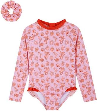 Andy & Evan Kids Long Sleeve One-Piece Rashguard Swimsuit & Scrunchie Set in Pink Beach at Nordstrom, Size 2T